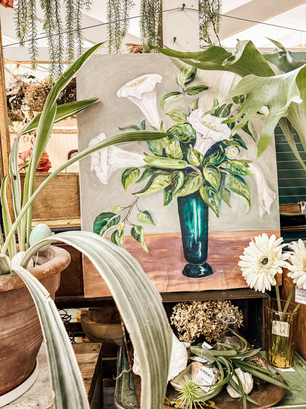 Painting of moonflowers in green vase