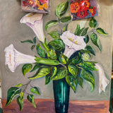 Painting of moonflowers in green vase