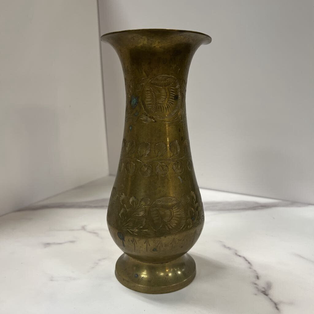 Short etched brass vase