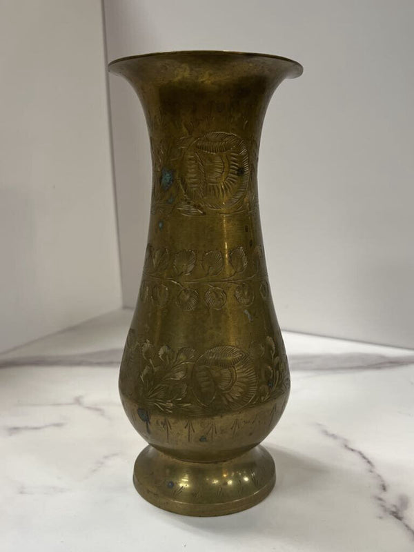 Short etched brass vase