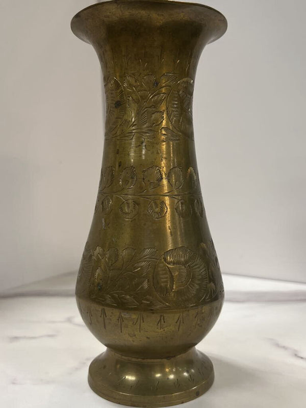 Short etched brass vase