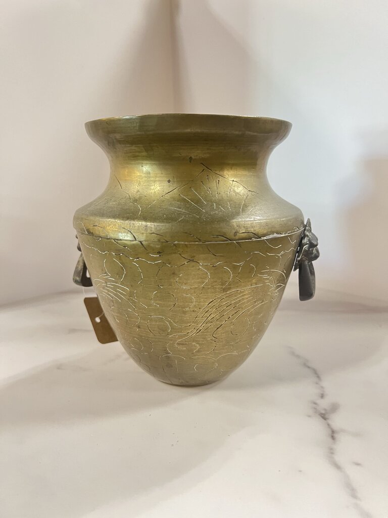 Etched brass vase/pot with lion head handles