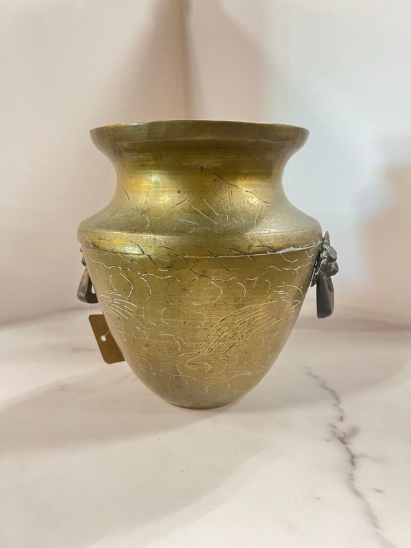 Etched brass vase/pot with lion head handles