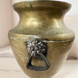 Etched brass vase/pot with lion head handles