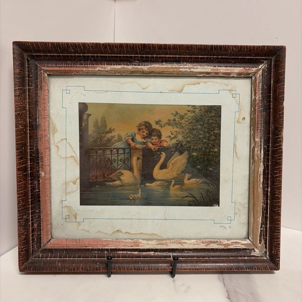 antique cherub swan framed art