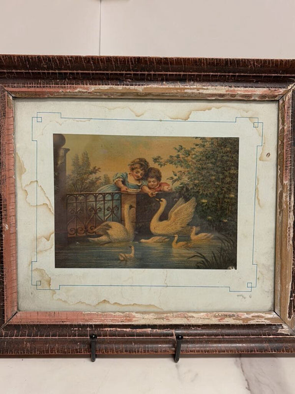 antique cherub swan framed art