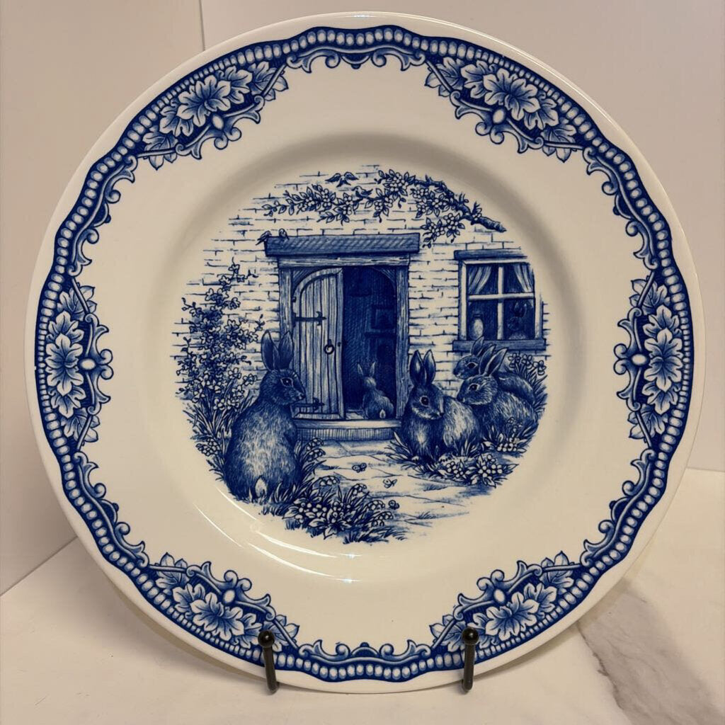 blue transferware bunny plate