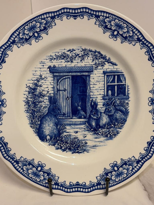 blue transferware bunny plate
