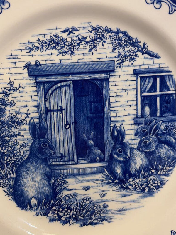 blue transferware bunny plate
