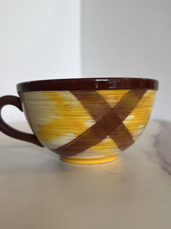 brown and yellow plaid mug