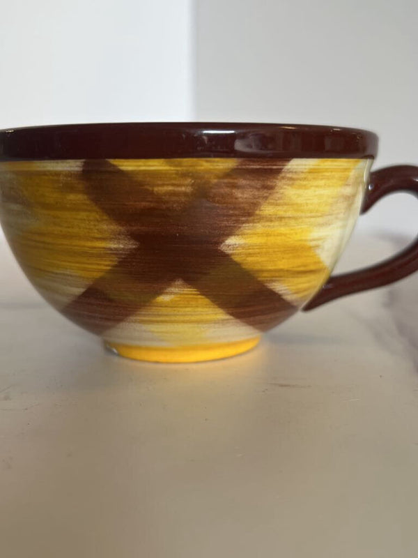 brown and yellow plaid mug