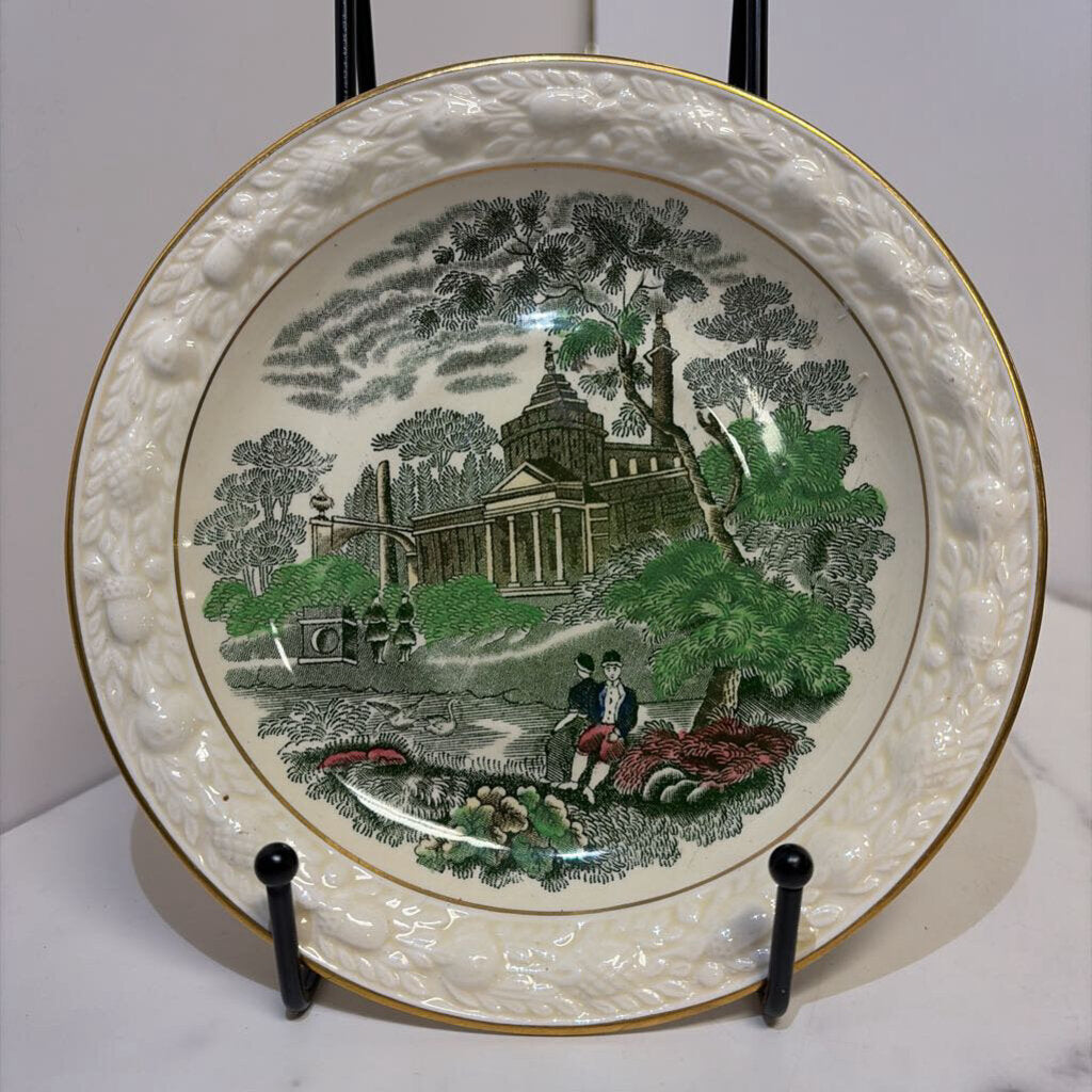 Green Transferware dish with Italian Scene