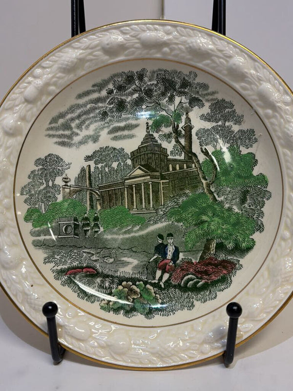 Green Transferware dish with Italian Scene