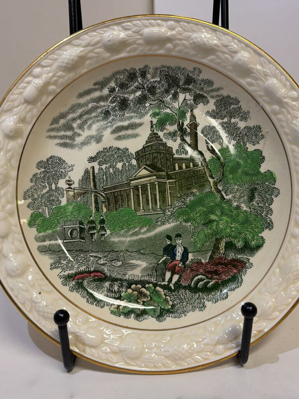 Green Transferware dish with Italian Scene
