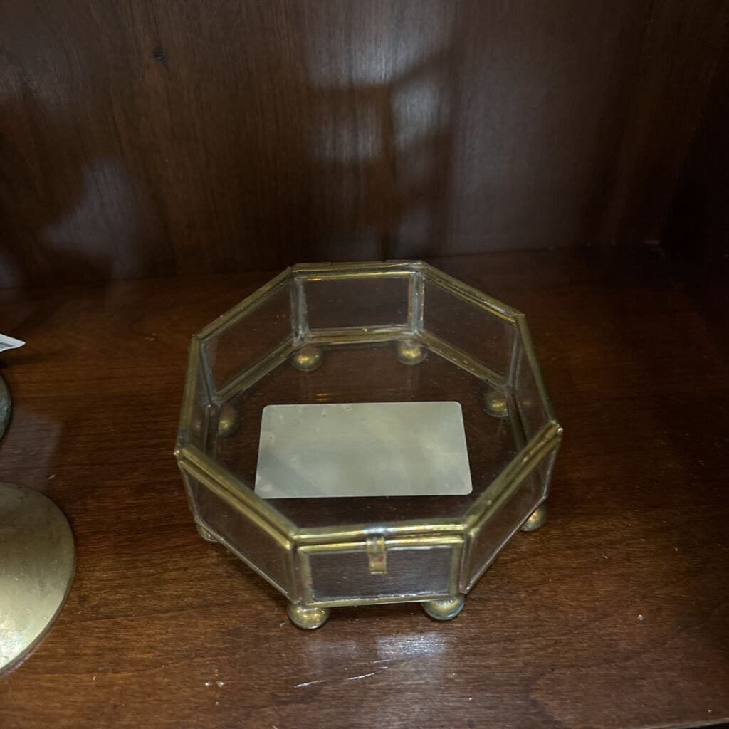 #507 Vintage Octagon Brass & Glass Trinket Box with Mirrored Bottom