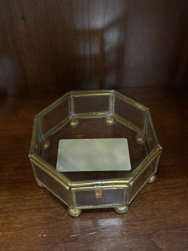 #507 Vintage Octagon Brass & Glass Trinket Box with Mirrored Bottom