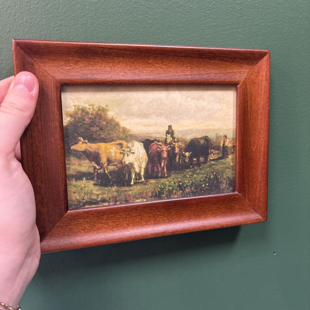 #516 Moody Landscape Print with Cows in Dark Wood Frame
