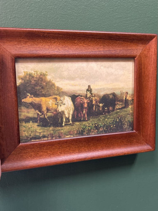 #516 Moody Landscape Print with Cows in Dark Wood Frame
