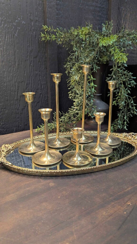 Vintage brass 7 piece candlestick set 3"-9"H