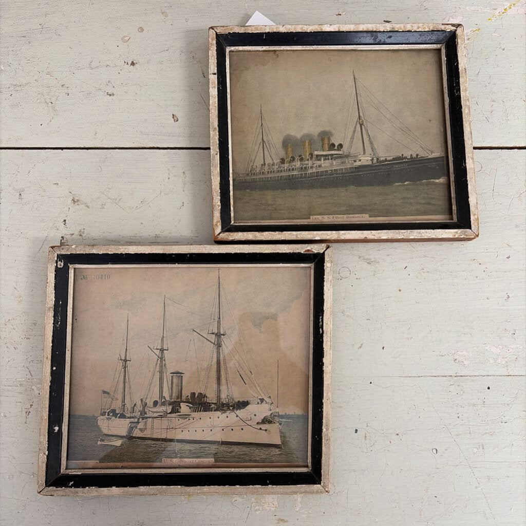 set of 2 antique boat pictures in black and white frame