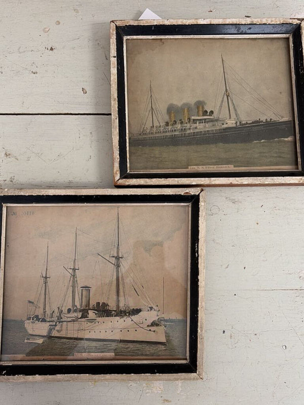 set of 2 antique boat pictures in black and white frame