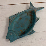blue metal fish dish