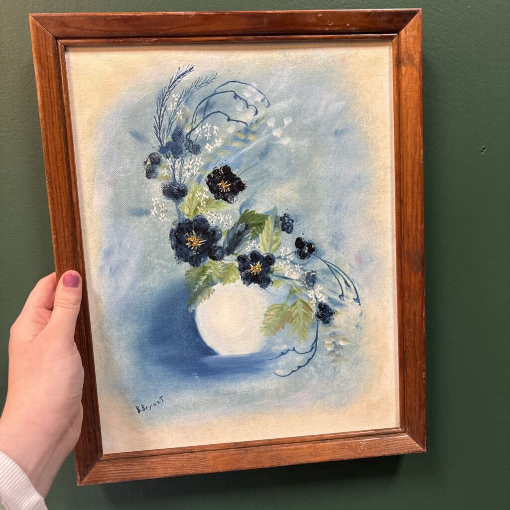 #522 Wood Framed Blue Floral Painting
