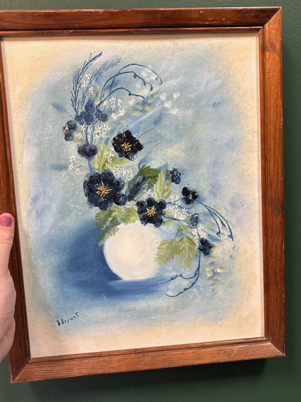 #522 Wood Framed Blue Floral Painting