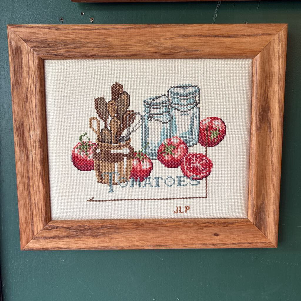#537 Tomato and Canning Wood Framed Cross Stitch