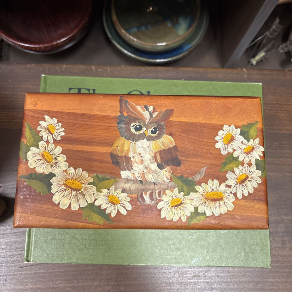 #548 Wooden Box with Hand Painted Owl and White Flowers