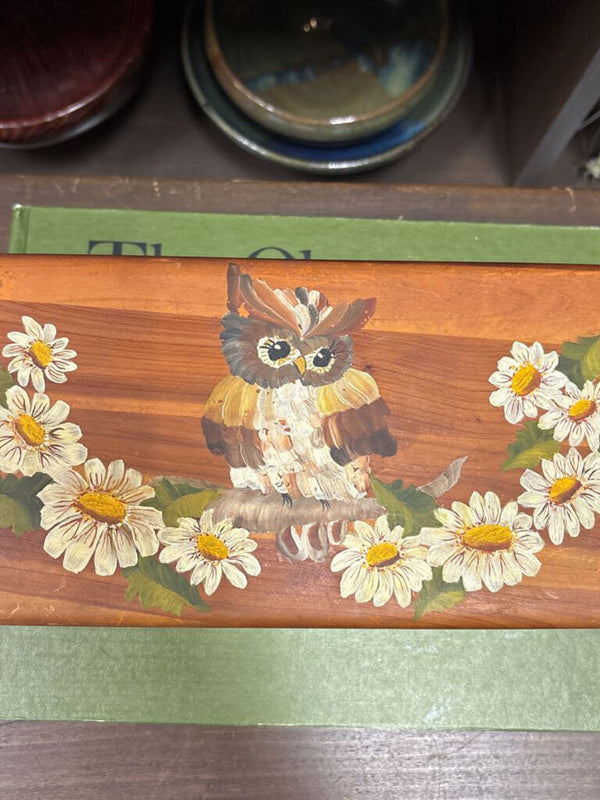 #548 Wooden Box with Hand Painted Owl and White Flowers