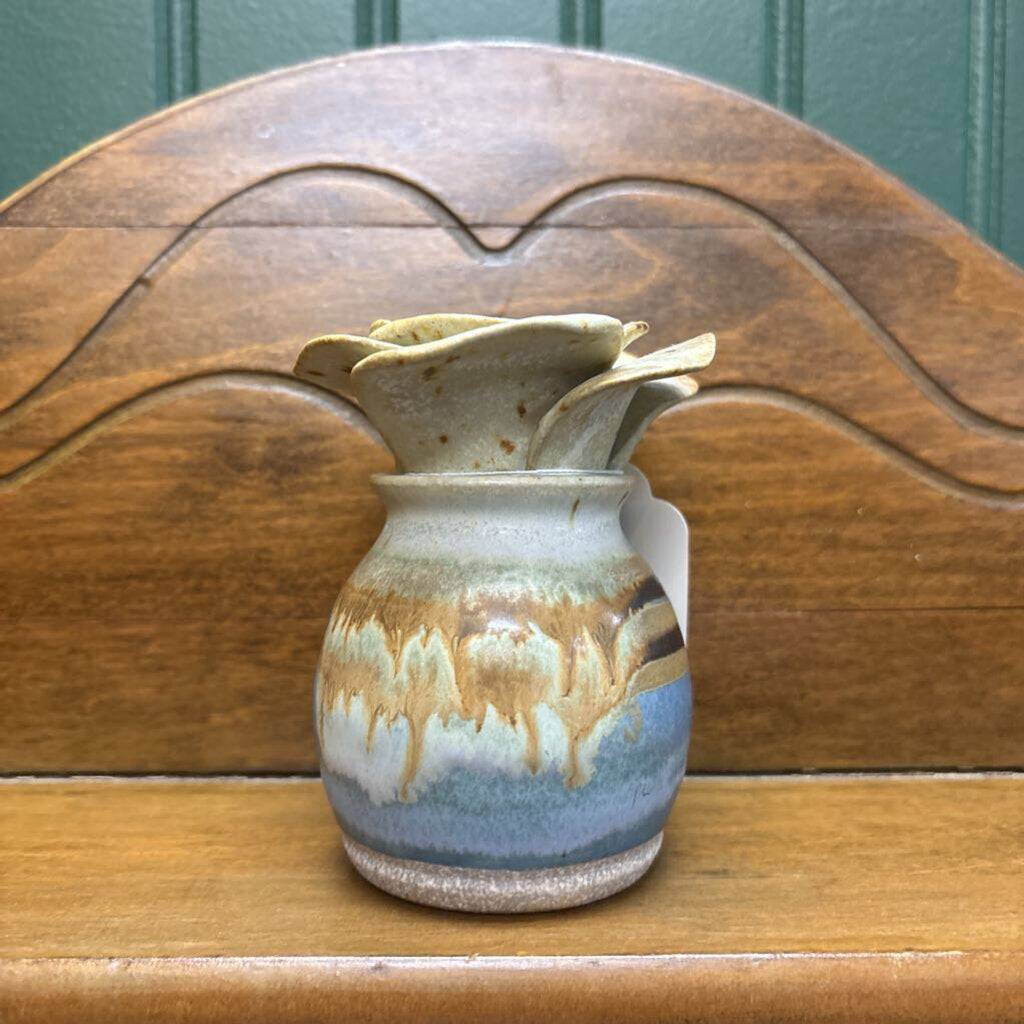 #572 Handmade Floral Shaped Pottery Vase - Blue, Brown, & Beige Glaze