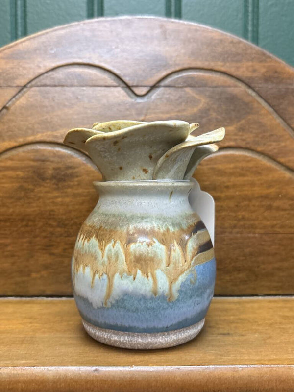 #572 Handmade Floral Shaped Pottery Vase - Blue, Brown, & Beige Glaze