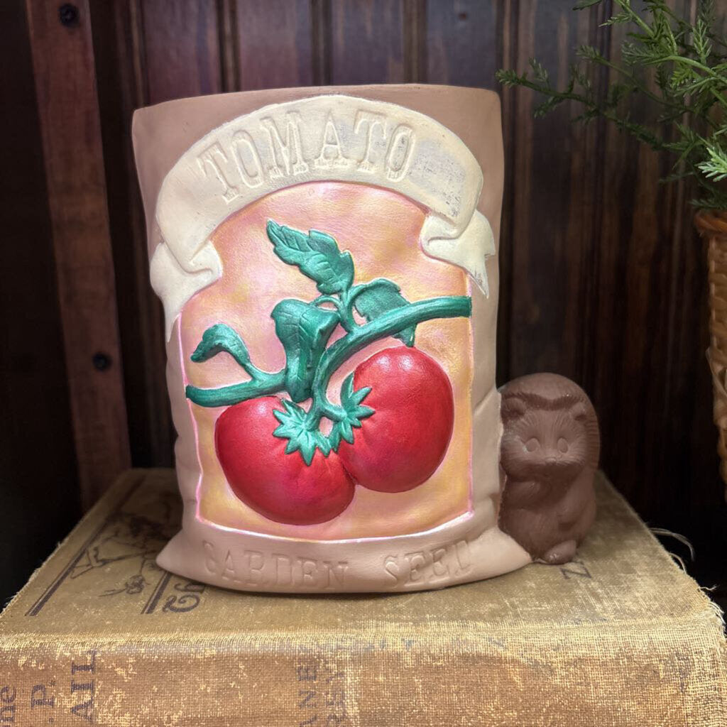 #573 Pottery Tomato Seed Vase with Cute Critter
