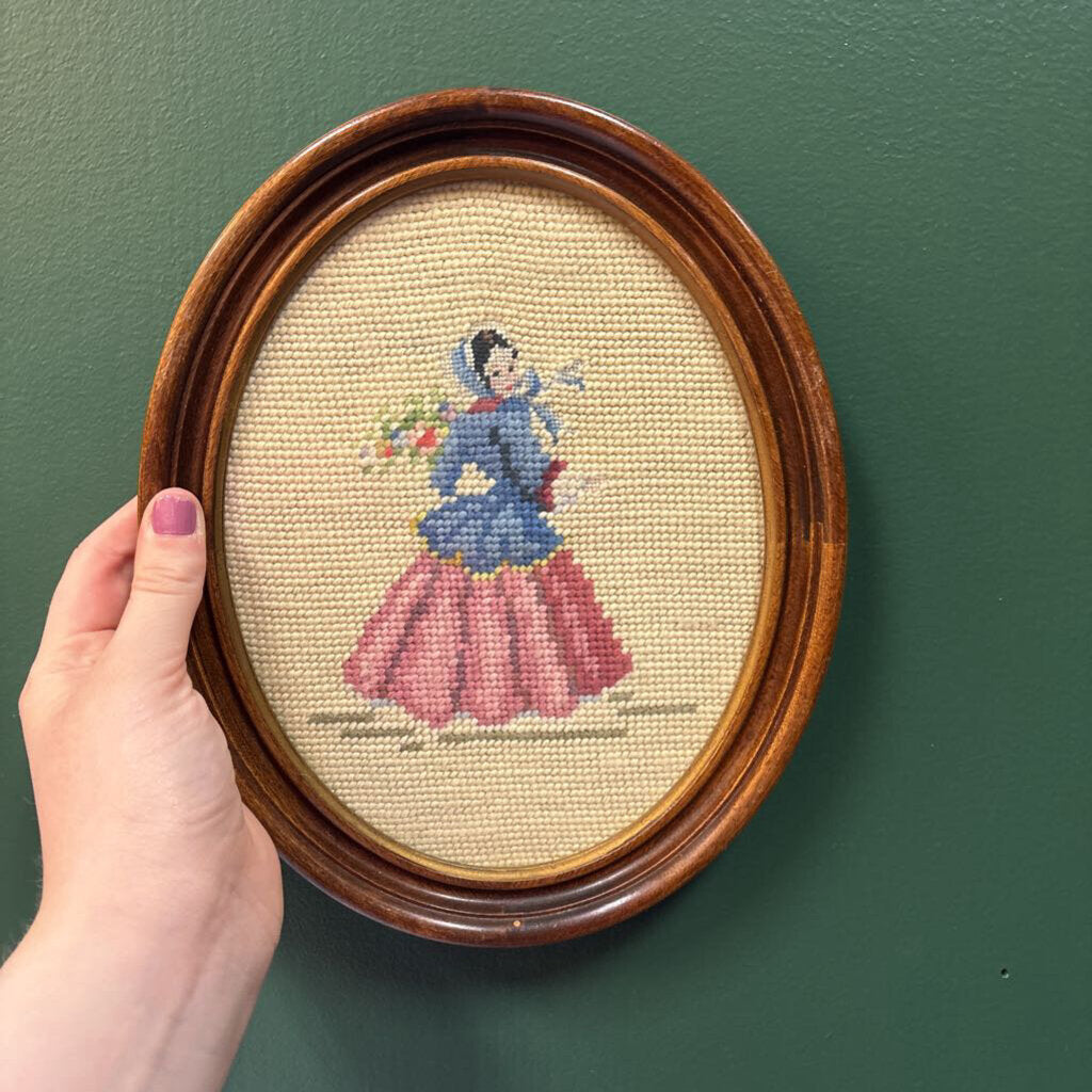 Women Holding Flowers Framed Oval Needlepoint