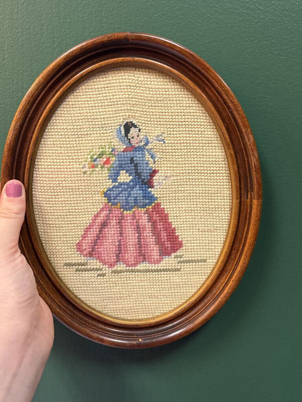 Women Holding Flowers Framed Oval Needlepoint