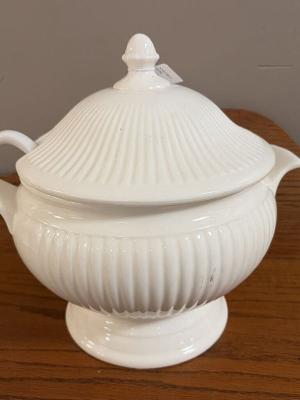 white tureen bowl with lid and spoon