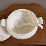 white tureen bowl with lid and spoon