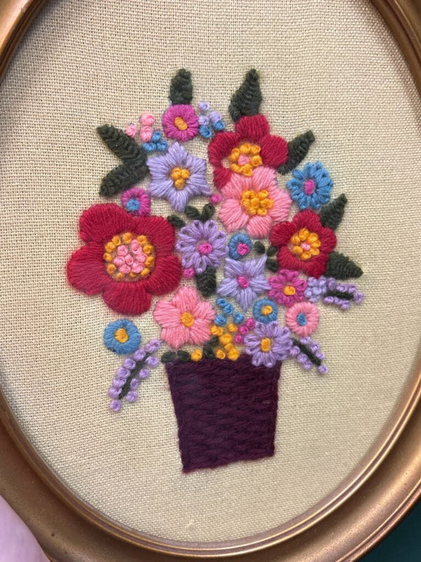 #606 Gold Framed Oval Floral Bouquet Needlepoint