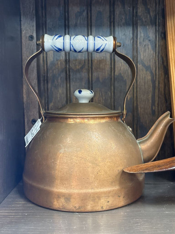 #634 Copper Tea Kettle with Blue & White Ceramic Handle