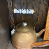 #634 Copper Tea Kettle with Blue & White Ceramic Handle