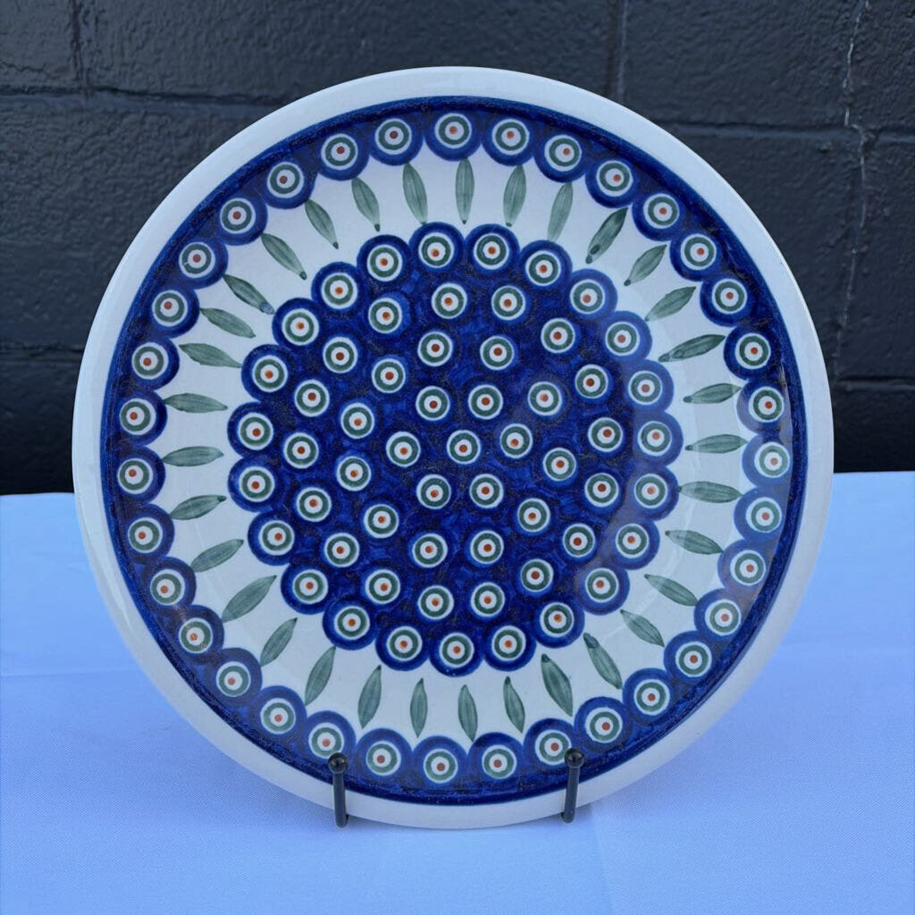 large blue and green leaf pattern Polish pottery plate