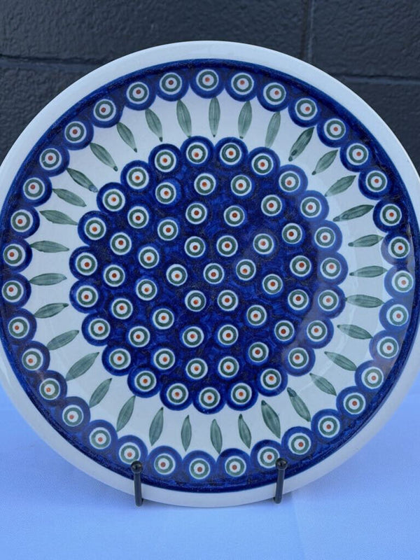 large blue and green leaf pattern Polish pottery plate