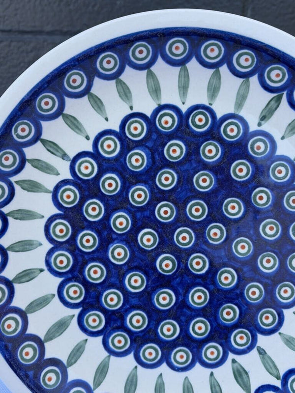 large blue and green leaf pattern Polish pottery plate