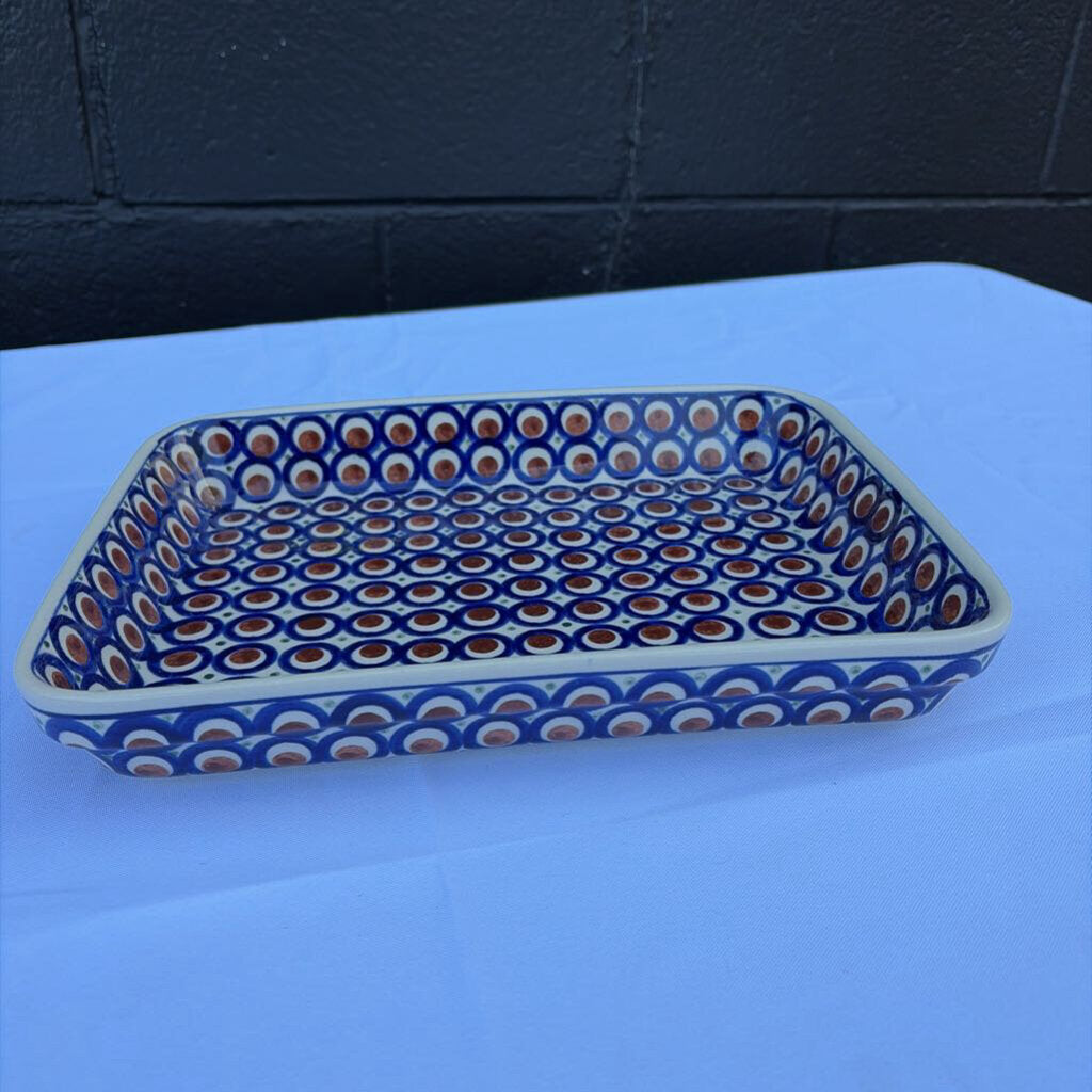 blue and brown pattern Polish pottery dish