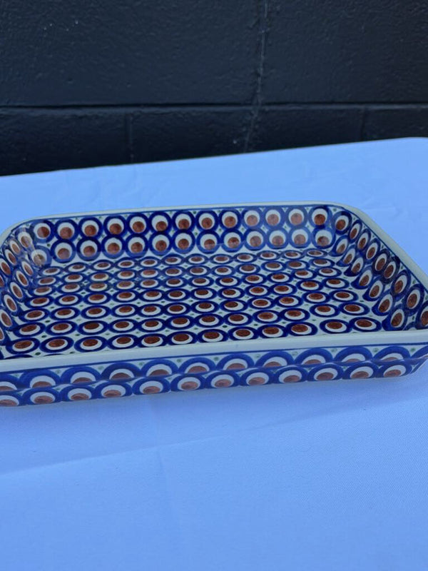 blue and brown pattern Polish pottery dish