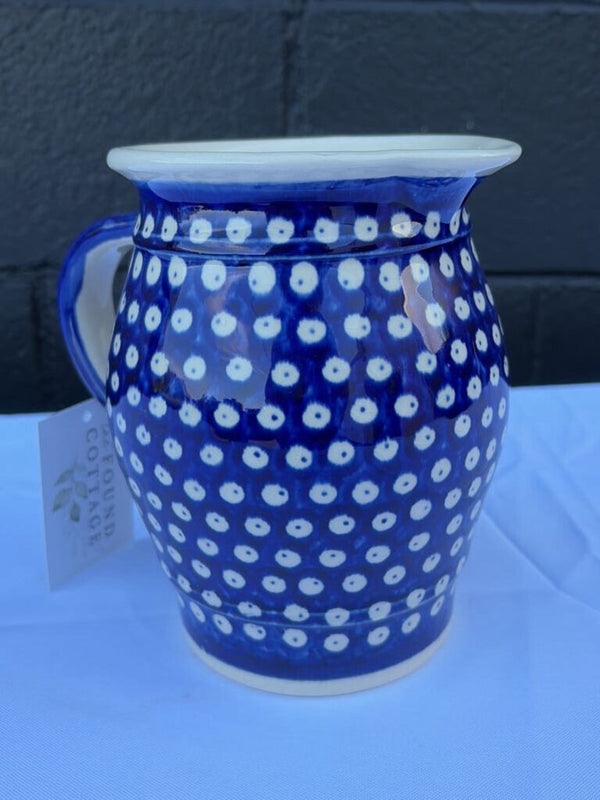 Polish pottery blue and white dot pattern pitcher