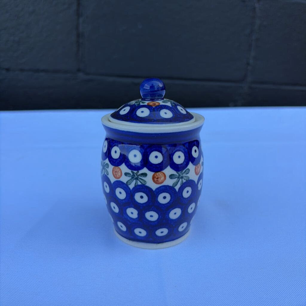 Polish pottery tiny canister in a sprig pattern