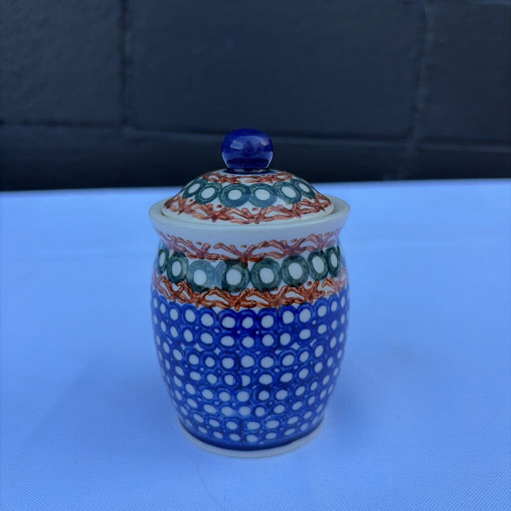 Polish pottery tiny canister in a circle pattern