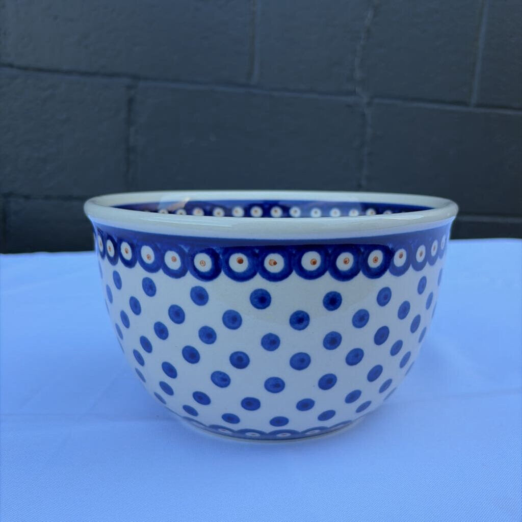Polish pottery medium mixing bowl with blue dots